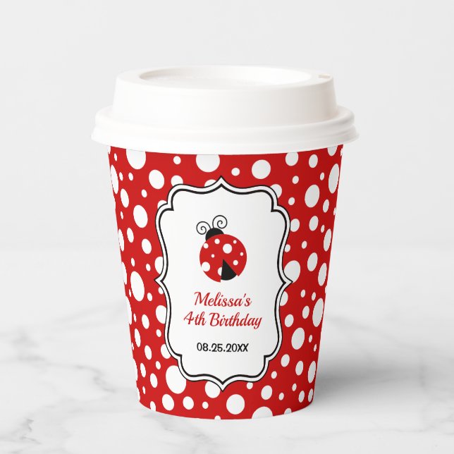 Gobelets En Papier Rouge Blanc Points Ladybug Cadre Enfants Anniversa (Recto)