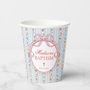 Gobelets En Papier Rouge & Bleu Vintage Floral Fantaisie Baptême