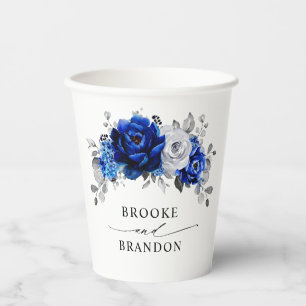 Gobelets En Papier Royal Bleu Blanc Argent Métallo Mariage Floral