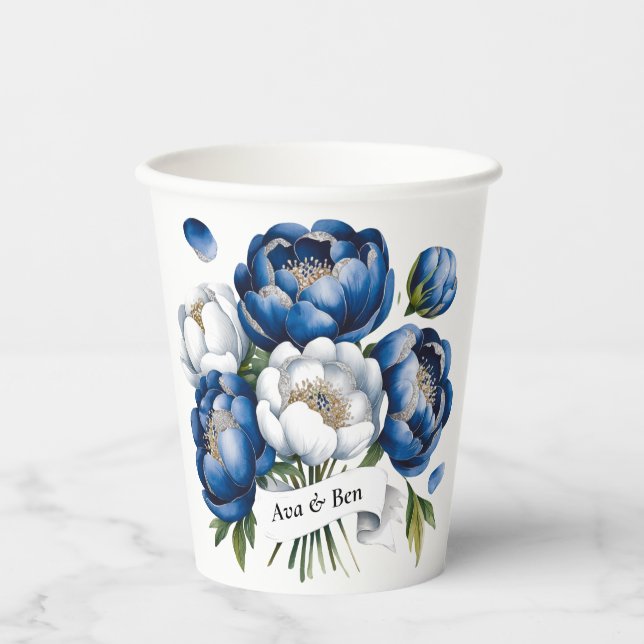 Gobelets En Papier Royal Blue and Silver Glittery Peony Mariage (Recto)