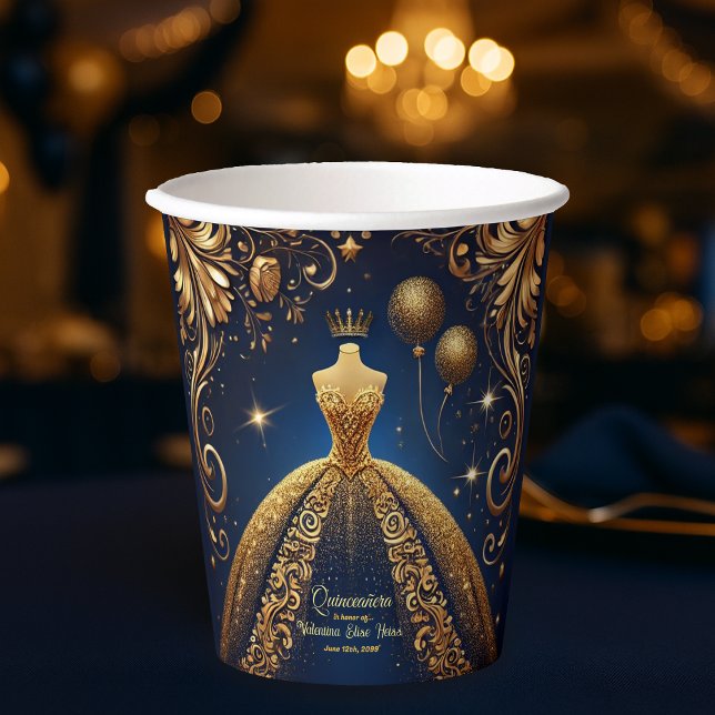 Gobelets En Papier Royal Quinceañera Gold et Navy Princess Thème (Créateur téléchargé)