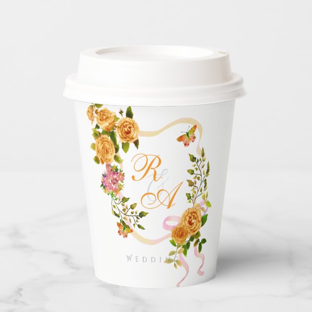 Gobelets En Papier Ruban de rose en monogramme doré  (Recto)
