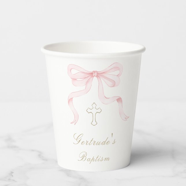 Gobelets En Papier Ruban rose baptême bébé fille  (Verso)