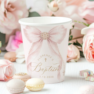 Gobelets En Papier Ruban Rose Pâle Croix Dorée Baptême