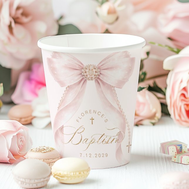 Gobelets En Papier Ruban Rose Pâle Croix Dorée Baptême (Créateur téléchargé)