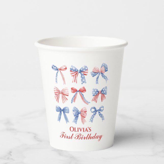Gobelets En Papier Rubans Rouges, Blancs et Bleus anniversaire quatri (Recto)