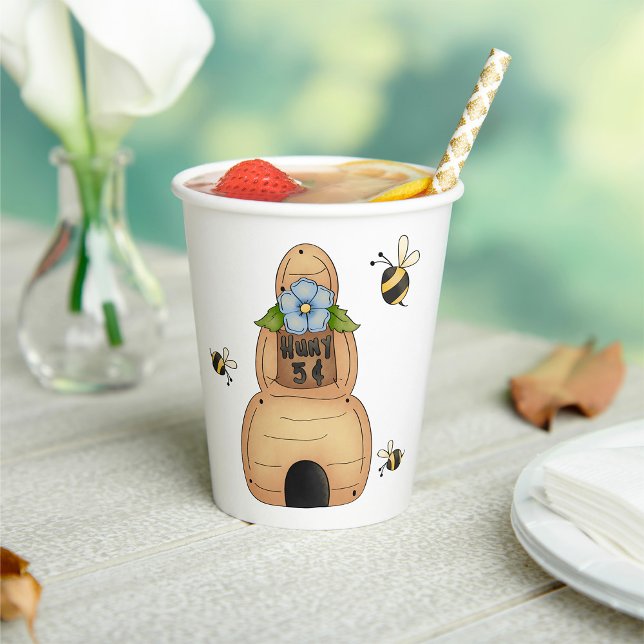 Gobelets En Papier Ruche d'abeille avec fleur bleue et abeilles (Créateur téléchargé)