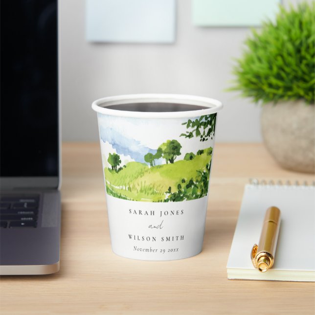 Gobelets En Papier Russe Vert Aquarelle Campagne Hills Mariage (Insitu)