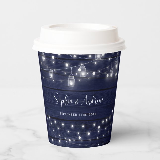 Gobelets En Papier Rustic Navy Wood Mason Jars Lights Wedding (Recto)