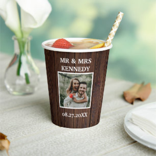 Gobelets En Papier Rustique Brown bois photo personnalisée MR & MRS 