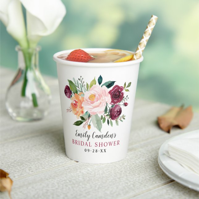 Gobelets En Papier Rustique Mariage Fleurs Automne Rose Saumon (Insitu)