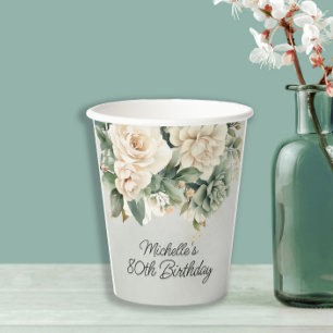 Gobelets En Papier Sage Blanc Floral Vert Or 80e Anniversaire