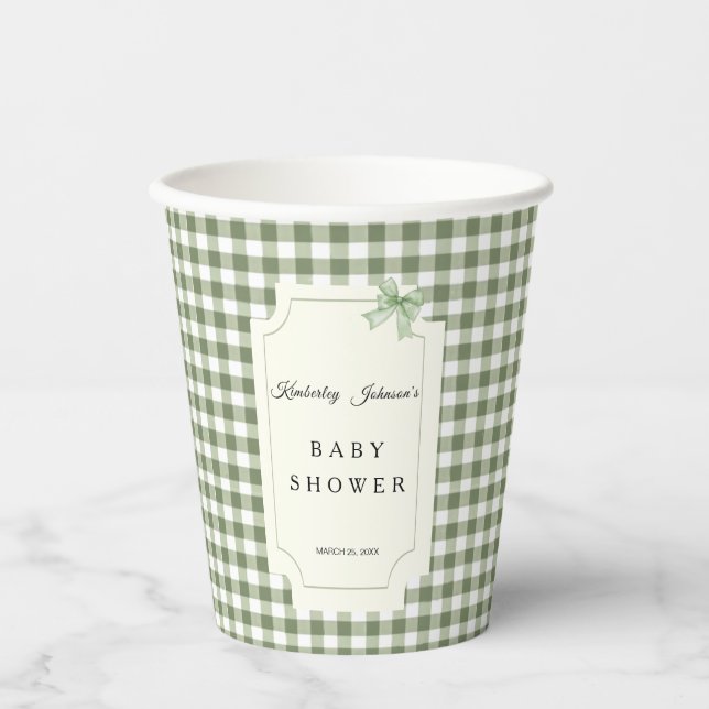 Gobelets En Papier Sage Green En vichy et BowBaby Douche (Recto)