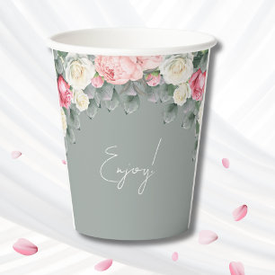 Gobelets En Papier Sage Green Jardin Vintage Fête des mariées Rose