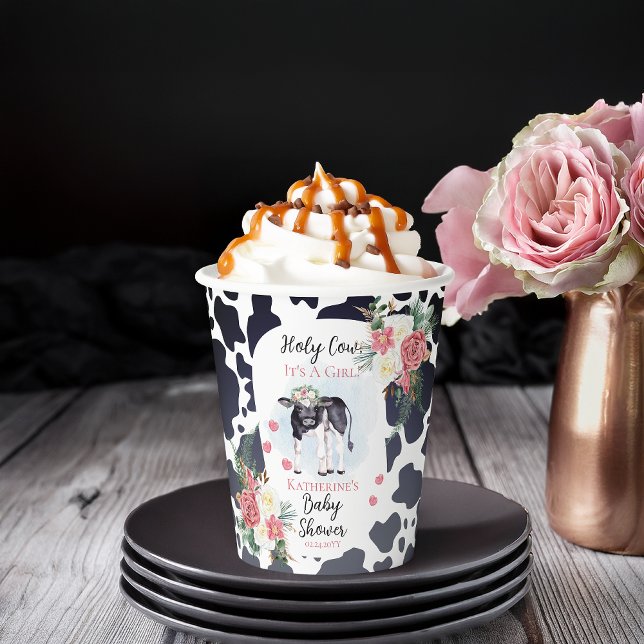 Gobelets En Papier Saint Vache, C'est un Baby shower de fille Bienven (Cute "Holy Cow, It's A Girl!" Black and White Cow Theme | Pink Floral Baby Shower Paper Cups)