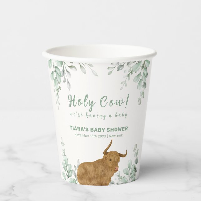 Gobelets En Papier Saint-Vache Rustique Boho Baby shower de verdure (Recto)