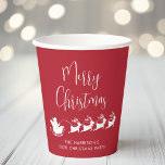 Gobelets En Papier Santas Sleigh Red Christmas Party<br><div class="desc">Des coupes de papier rouge et blanc de saison amusantes pour vos fêtes de Noël et un décor de table avec des rennes volant Père Noël traîneau à travers l'air,  "Joyeux Noël" dans un script moderne et votre nom ou événement en simple typographie.</div>