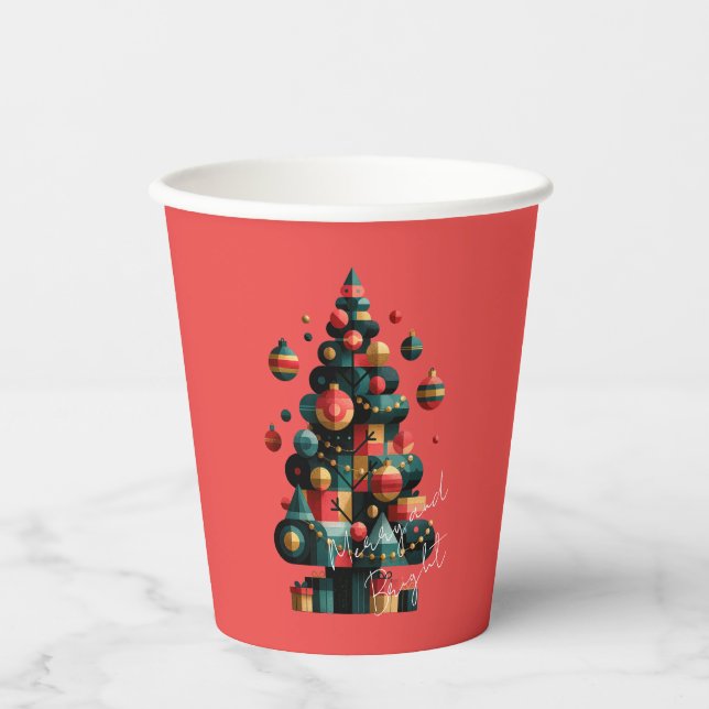 Gobelets En Papier Sapin de Noël géométrique (Recto)