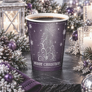 Gobelets En Papier Sapin de Noël Paillettes et Flocons Violet