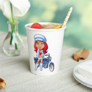 Gobelets En Papier Sassy Biker Girl avec cheveux rouges et moto