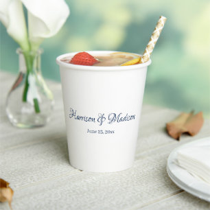 Gobelets En Papier Script bleu marine personnalisé Couple Nom Mariage