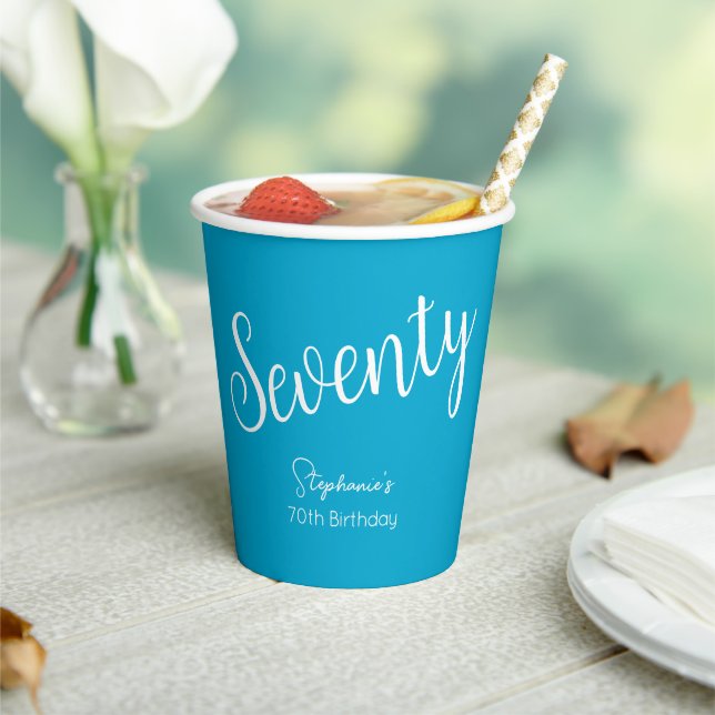 Gobelets En Papier Script simple moderne Aqua Blue 70th Birthday Part (Insitu)