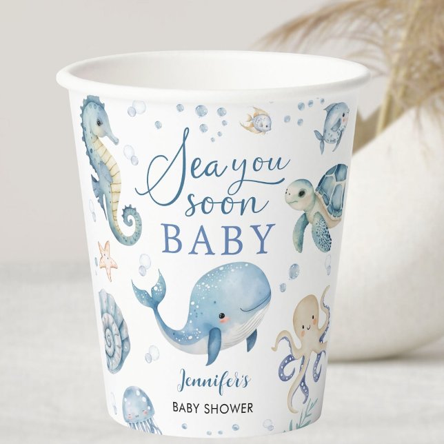 Gobelets En Papier Sea You Soon Baby Shower Boy Blue Ocean (Créateur téléchargé)