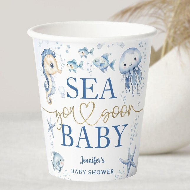 Gobelets En Papier Sea You Soon Baby Shower Boy Blue Ocean (Créateur téléchargé)