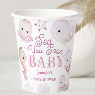 Gobelets En Papier Sea You Soon Baby Shower Fille Rose Océan