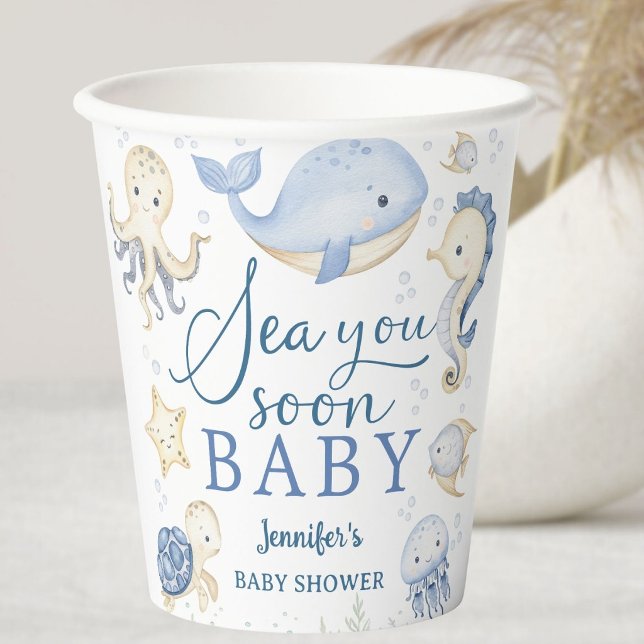 Gobelets En Papier Sea You Soon Boy Baby Shower Blue Ocean  (Créateur téléchargé)