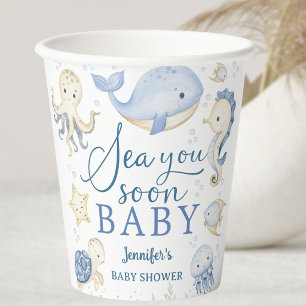 Gobelets En Papier Sea You Soon Garçon Baby Shower Océan Bleu 