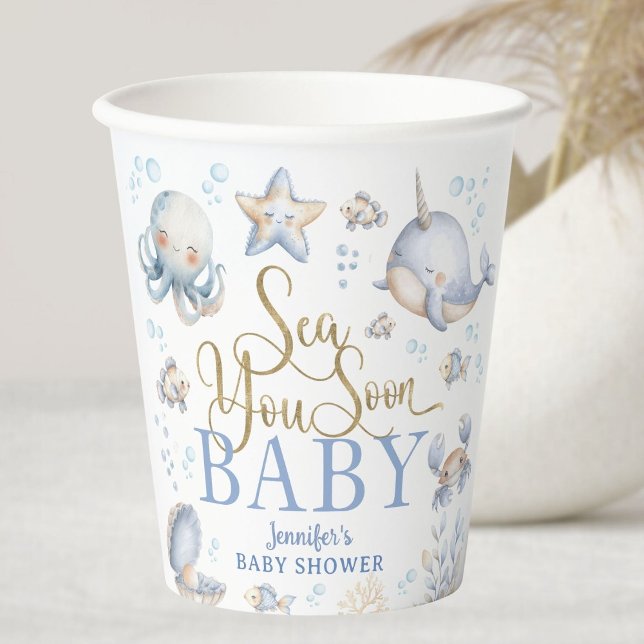 Gobelets En Papier Sea You Soon Ocean Baby Shower Boy Blue (Créateur téléchargé)