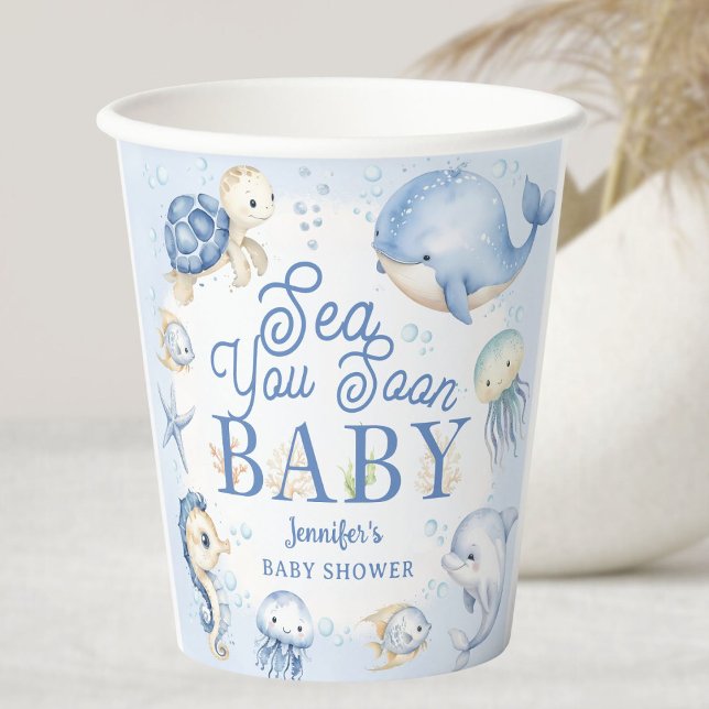 Gobelets En Papier Sea You Soon Ocean Baby Shower Boy Blue (Créateur téléchargé)