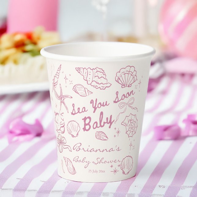 Gobelets En Papier Sea you soon seashells beach girls baby shower (Sea you soon pink seashells seaside beach girls baby shower personalized paper cups)