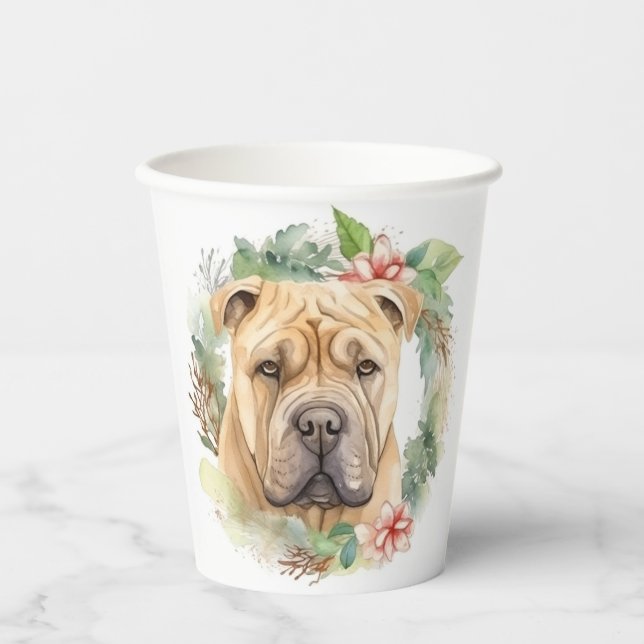 Gobelets En Papier Shar Pei Christmas Wreath Festive Pup (Recto)