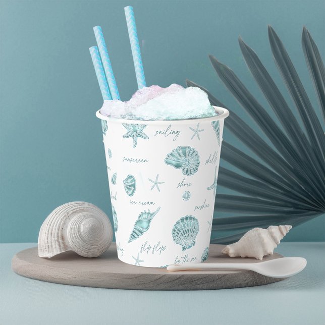 Gobelets En Papier Shells Starfish Sun Fun Texte Turquoise ID918 (Créateur téléchargé)