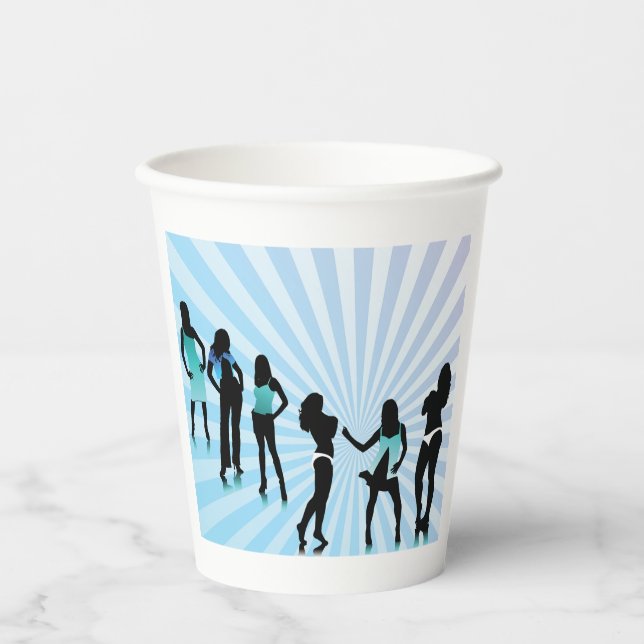 Gobelets En Papier Silhouettes de femmes élégantes mode bleu sarcelle (Recto)