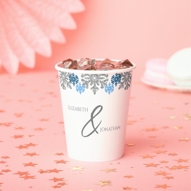 Gobelets En Papier Silver Blue Snowflakes Mariage d'hiver (Insitu)