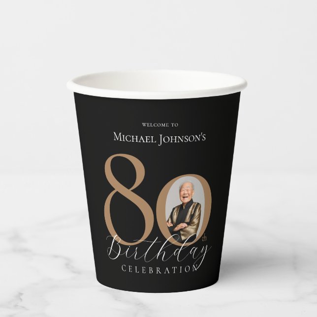 Gobelets En Papier Simple Elegant Black Gold Photo 80e anniversaire (Recto)