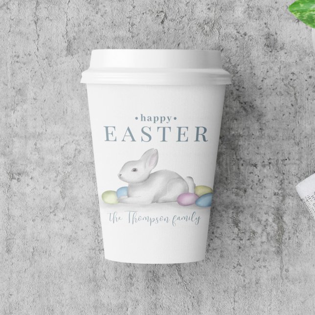 Gobelets En Papier Simple Pastel Joyeux Bunny de Pâques Typographie (Easter watercolor cottontail bunny with easter eggs disposable paper cup.)