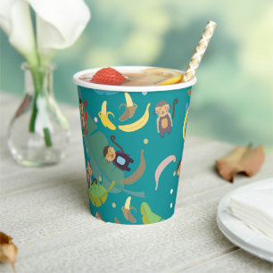 Gobelets En Papier Singe mignon et bananes dans l'arbre Motif Anniver