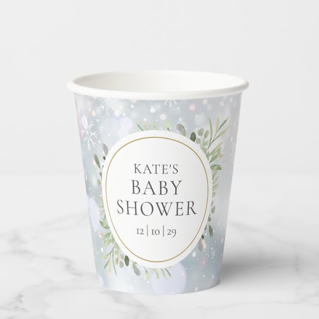 Gobelets En Papier Snowflakes d'hiver Baby shower verdoyant (Recto)