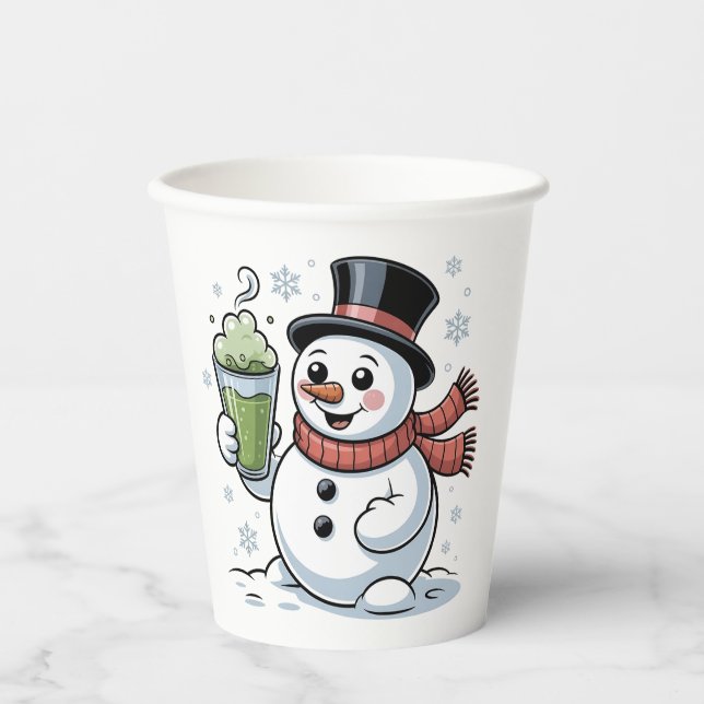 Gobelets En Papier Snowman tenant Matcha Boire Noël (Recto)
