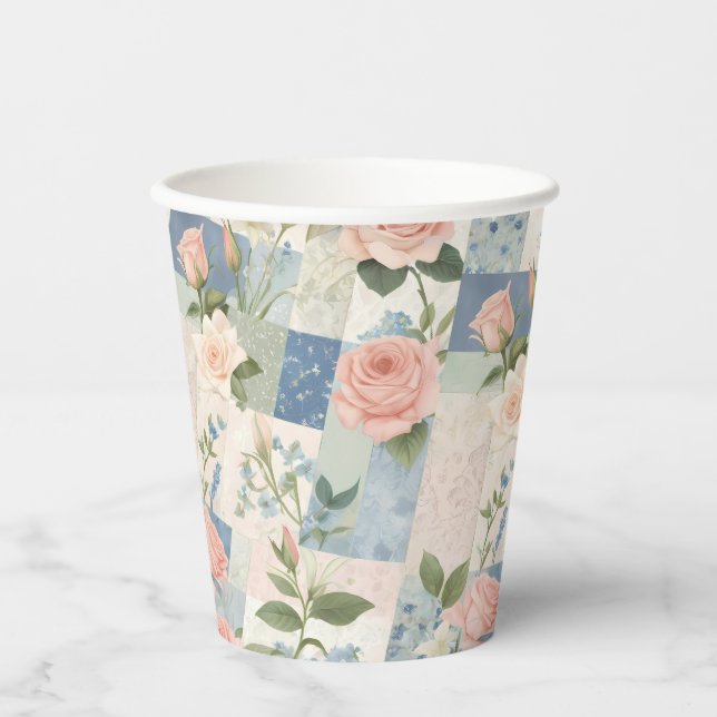 Gobelets En Papier Soft Feminine Florale Rose Et Patchwork Bleu (Recto)
