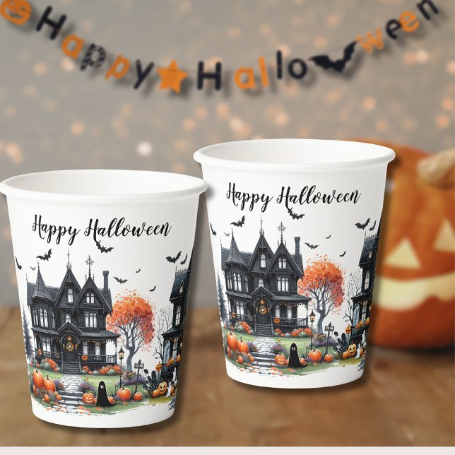 Gobelets En Papier Soirée Halloween de la Maison Hantée (Haunted House Halloween Party Paper Cups)