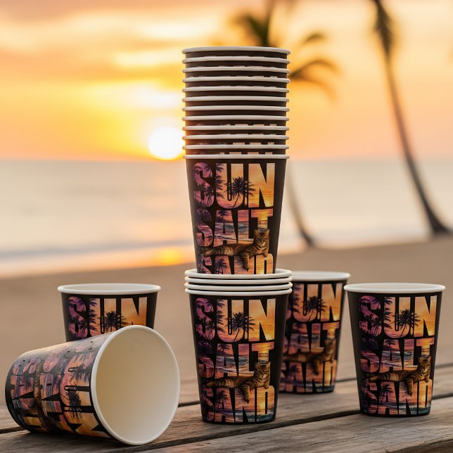 Gobelets En Papier Soleil Sel Sable Plage Chat Coucher de soleil Noir (Créateur téléchargé)