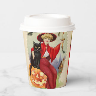 Gobelets En Papier Sorcière d'Halloween vintage et chat noir