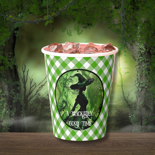 Gobelets En Papier Sorcière peinte vert gingham carreaux (Créateur téléchargé)