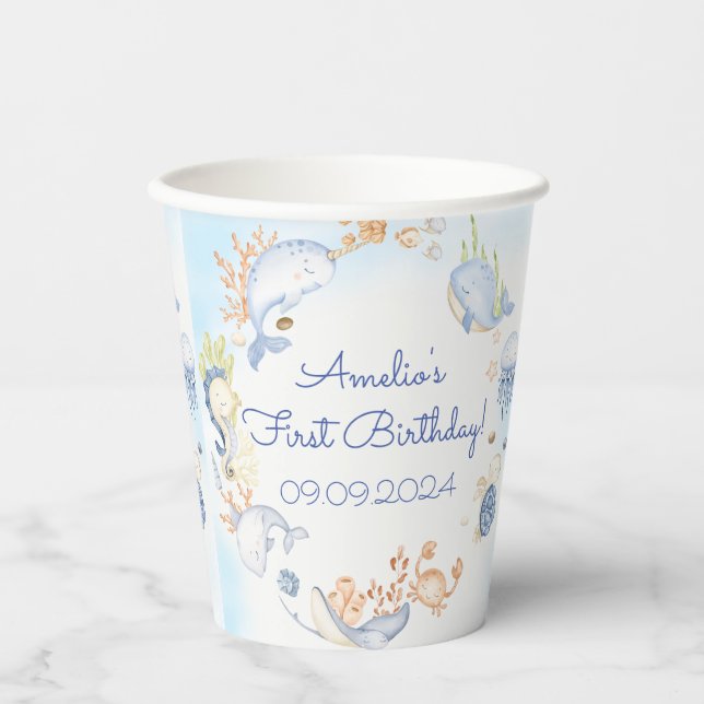 Gobelets En Papier Sous la mer Bleue Sea Vie fête d'anniversaire (Recto)