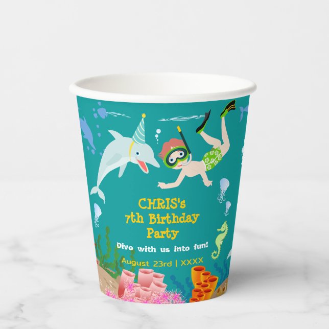 Gobelets En Papier Sous la mer dauphins et fête d'anniversaire garçon (Recto)